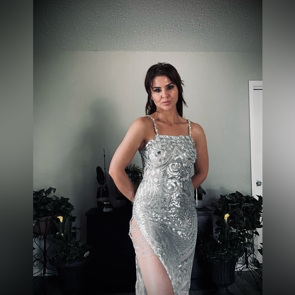 Prom Girl | Silver Rhinestone Embellished High Leg Slit Prom Dress Evening Gown - Picture 6 of 16